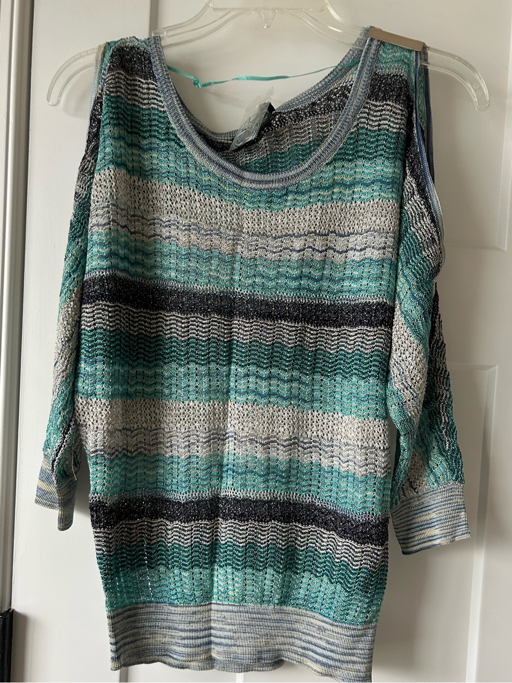 INC International Concepts Teal, Gray & Black Striped Cold-Shoulder Sweater